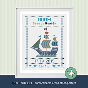 cross stitch baby birth sampler, birth announcement, pirate ship, baby boy, DIY customizable pattern** instant download**