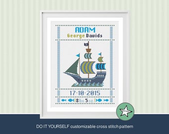 cross stitch baby birth sampler, birth announcement, pirate ship, baby boy, DIY customizable pattern** instant download**