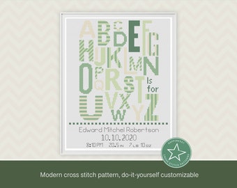 Cross stitch pattern baby birth sampler, ABC, alphabet A is for..,greens, baby boy, DIY customizable pattern** download**