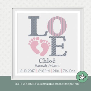 Cross stitch pattern baby birth sampler, birth announcement, LOVE, baby feet, grey pink, DIY customizable pattern** instant download**