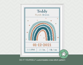 Cross stitch pattern baby birth sampler rainbow, birth announcement, rectangular, turquoise, DIY customizable pattern** instant download**