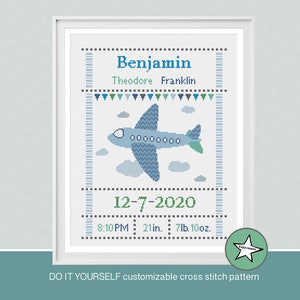 Cross stitch pattern baby birth sampler, birth announcement, plane,  DIY customizable pattern** instant download**