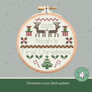 Christmas ornament cross stitch pattern, baby's first Christmas, reindeer, customizable, ornament, PDF, ** instant download**