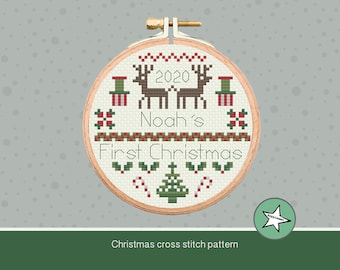 Christmas ornament cross stitch pattern, baby's first Christmas, reindeer, customizable, ornament, PDF, ** instant download**