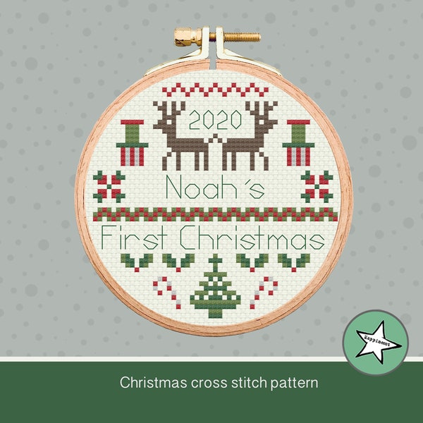 Christmas ornament cross stitch pattern, baby's first Christmas, reindeer, customizable, ornament, PDF, ** instant download**