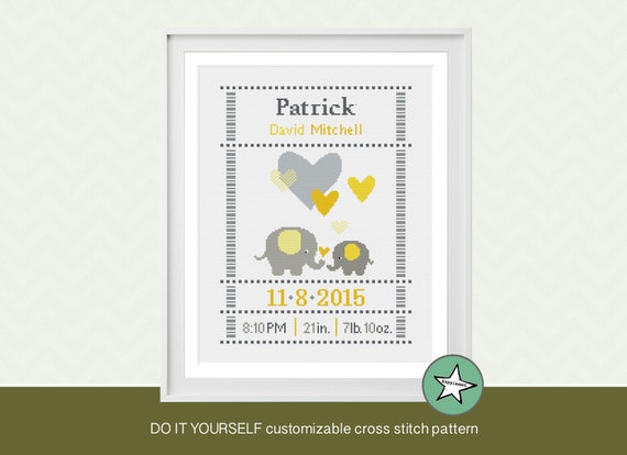 Cross Stitch Baby Boy Birth Sampler, Birth Announcement, Elephant