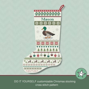 Christmas stocking cross stitch pattern duck, DIY customizable with name, Christmas decoration,  PDF, ** instant download**