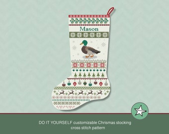 Christmas stocking cross stitch pattern duck, DIY customizable with name, Christmas decoration,  PDF, ** instant download**