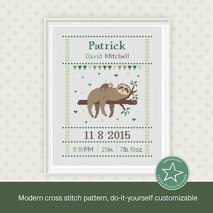 Cross stitch pattern baby birth sampler sloth, birth announcement, sloth & baby sloth,  DIY customizable pattern** instant download**