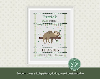 Cross stitch pattern baby birth sampler sloth, birth announcement, sloth & baby sloth,  DIY customizable pattern** instant download**