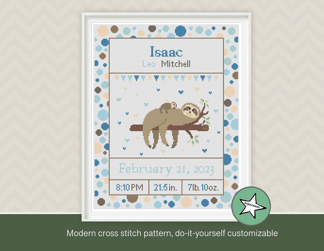 Cross Stitch Pattern Baby Birth Sampler Sloth, Birth Announcement