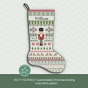 May include: A white and green Christmas stocking cross stitch pattern with a Nutcracker design and the name "William" at the top.