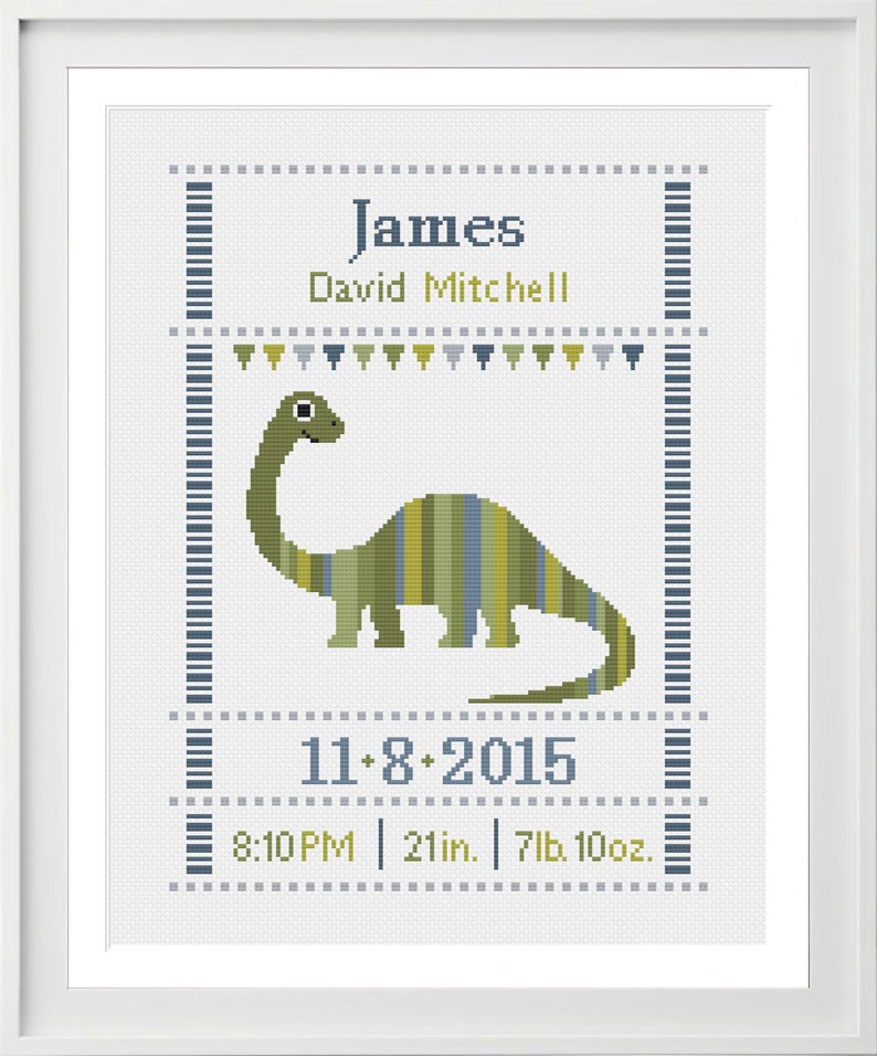 Cross Stitch Baby Birth Sampler Dinosaur Birth Announcement Etsy