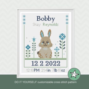 Cross stitch pattern  baby birth sampler bunny, birth announcement, bunny and flowers, baby boy, DIY customizable ** instant download**