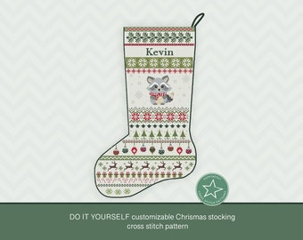 Christmas stocking cross stitch pattern raccoon, DIY customizable with name, Christmas decoration,  PDF, ** instant download**