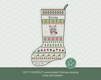 Weihnachtsstrumpf Kreuzstichmuster Waschbär, DIY personalisierbar mit Namen, Weihnachtsdekoration, PDF, **Sofortdownload**