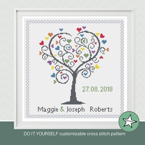 Wedding cross stitch pattern, love tree, rainbowcolors, diy customizable, modern pattern, PDF, DIY ** instant download**