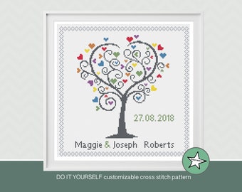 Wedding Tree Cross Stitch Pattern, Rainbow Colors, Customizable  (PDF Pattern)