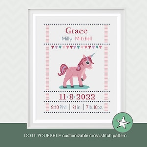 Cross stitch pattern baby birth sampler Unicorn, birth announcement, pink, purpleDIY customizable pattern** instant download**