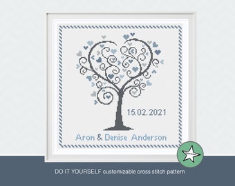 Patrón punto de cruz boda, árbol del amor, diy personalizable, boda de invierno, gris, azul, plata, aniversario de boda, PDF, *descarga instantánea*