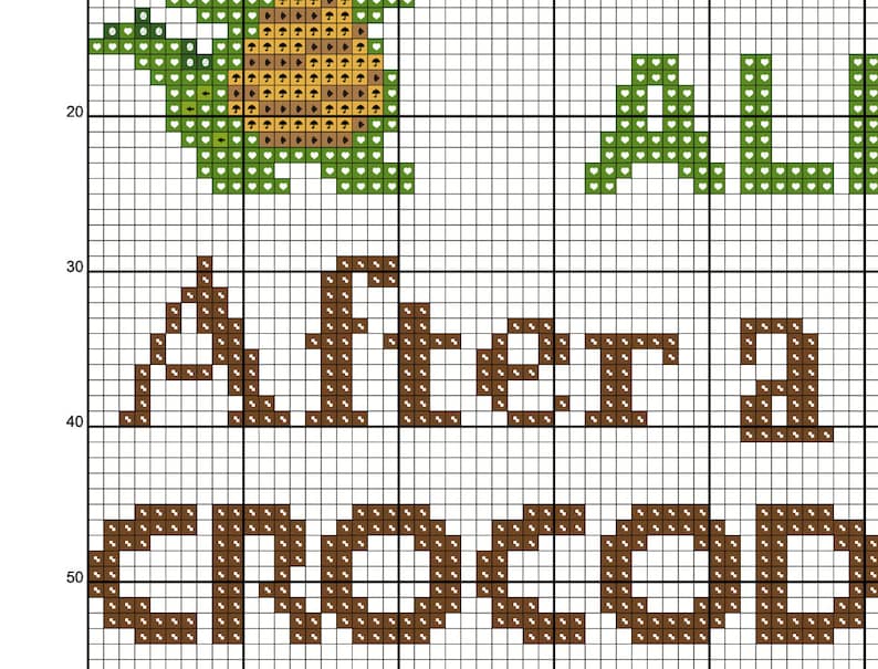 May include: Cross-stitch pattern featuring a green pineapple with brown leaves and the words "Aloha" and "Greetings" in brown letters.