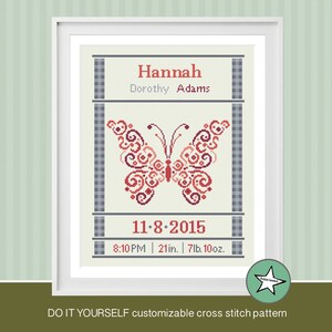 cross stitch baby birth sampler, birth announcement, butterfly, baby girl, DIY customizable pattern** instant download**