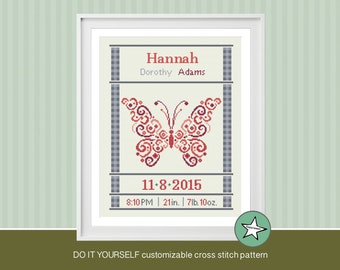 cross stitch baby birth sampler, birth announcement, butterfly, baby girl, DIY customizable pattern** instant download**