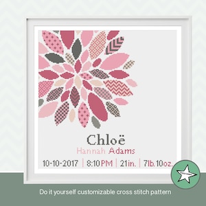 Cross stitch pattern birth sampler, birth announcement, modern flower, pinks, baby girl, DIY customizable pattern** instant download**