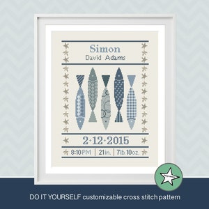 cross stitch baby birth sampler fish, birth announcement, baby boy, DIY customizable pattern** instant download**