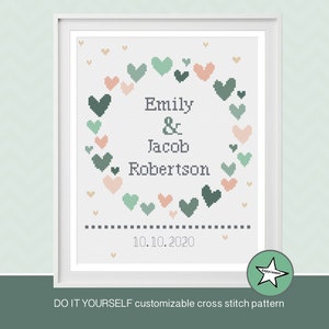 Cross stitch pattern wedding, wreath of hearts, hearts, DIY customizable pattern **PDF**