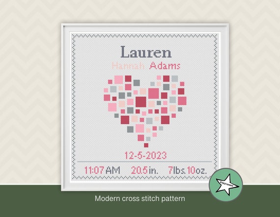 Cross Stitch Pattern Baby Birth Sampler, Birth Announcement, LOVE, Baby  Feet, Baby Girl, Pink, DIY Customizable Pattern Instant Download 