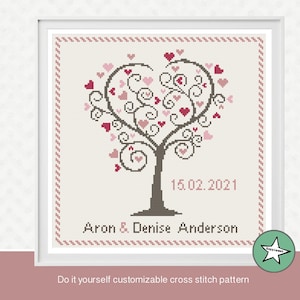 Wedding cross stitch pattern, love tree, diy customizable, modern pattern, wedding anniversary PDF, DIY ** instant download**