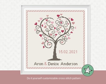 Wedding cross stitch pattern, love tree, diy customizable, modern pattern, wedding anniversary PDF, DIY ** instant download**