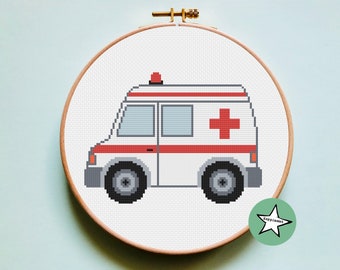 modern cross stitch pattern ambulance, kids room, nursery, easy cross stitch, PDF,  ** instant download**