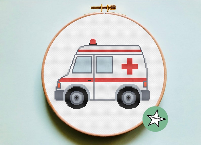 May include: A white ambulance with a red cross on the side and a red light on top. The ambulance is on a white background.