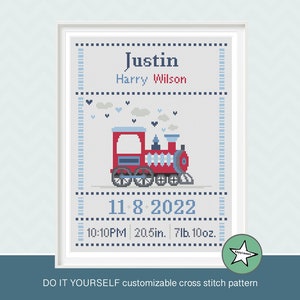 Cross stitch pattern baby birth sampler train, birth announcement, blue red, baby boy or girl, DIY customizable pattern** instant download**