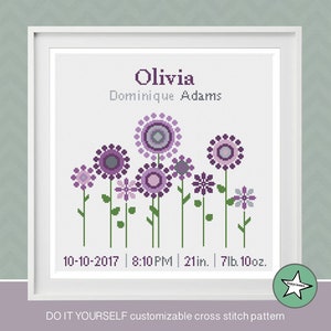 cross stitch baby birth sampler, birth announcement, flowers, purple, baby girl, DIY customizable pattern** instant download**