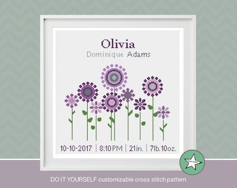 cross stitch baby birth sampler, birth announcement, flowers, purple, baby girl, DIY customizable pattern** instant download**