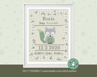 Cross stitch pattern baby birth sampler, birth announcement, sleeping fox, dogwood flower, greens DIY customizable pattern** pdf download**