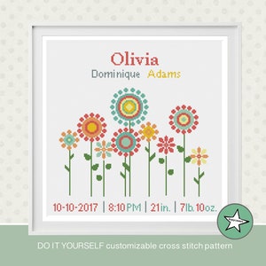 Cross stitch pattern baby birth sampler, birth announcement, flowers, retro, baby girl, DIY customizable pattern** instant download**