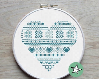 modern cross stitch heart, nordic folk art, snowflakes, love,  PDF ** instant download**