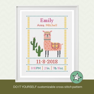 cross stitch baby birth sampler Llama, birth announcement, Llama, baby girl, DIY customizable pattern** instant download**