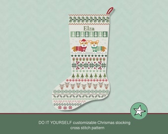 Christmas stocking cross stitch pattern corgi dog, DIY customizable with name, Christmas decoration, pointing left,  **PDF download**