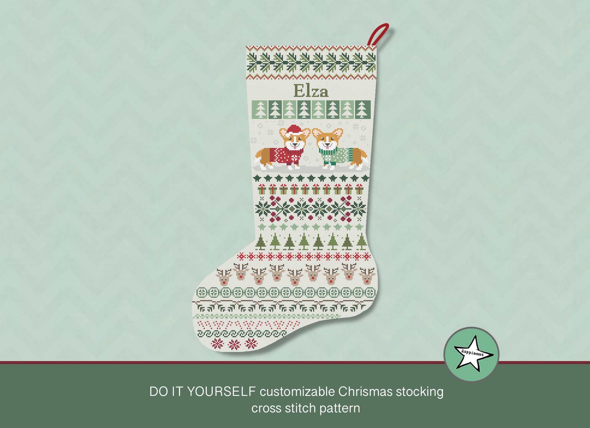 Christmas stocking cross stitch pattern corgi dog, DIY customizable with name, Christmas decoration, pointing left,  **PDF download**