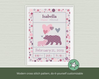 Cross stitch pattern baby birth sampler bear & baby bear, birth announcement, pink purple, DIY customizable pattern** instant download**