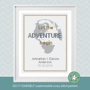 Wedding cross stitch pattern, let the adventure begin, grey, DIY customizable, modern pattern, wedding, PDF, ** instant download**