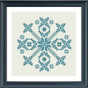 May include: Framed cross-stitch artwork featuring a symmetrical teal and light blue floral design on an off-white background. The design includes star-like shapes, floral motifs, and geometric patterns. The artwork is enclosed in a dark blue frame.