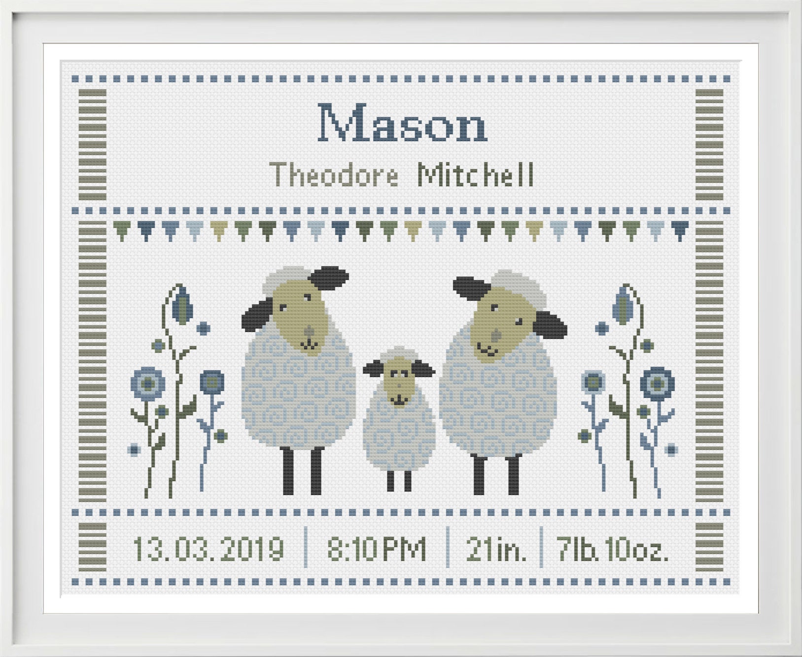 Cross Stitch Pattern Baby Birth Sampler Sheep Blue Green on - Etsy