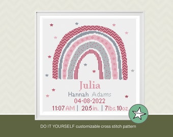 Cross stitch pattern baby birth sampler rainbow pinks, birth announcement, girl, DIY customizable pattern** instant download**