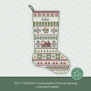 May include: A customizable Christmas stocking cross stitch pattern featuring a red train, green trees, and snowflakes. The stocking is personalised with the name "Julia".